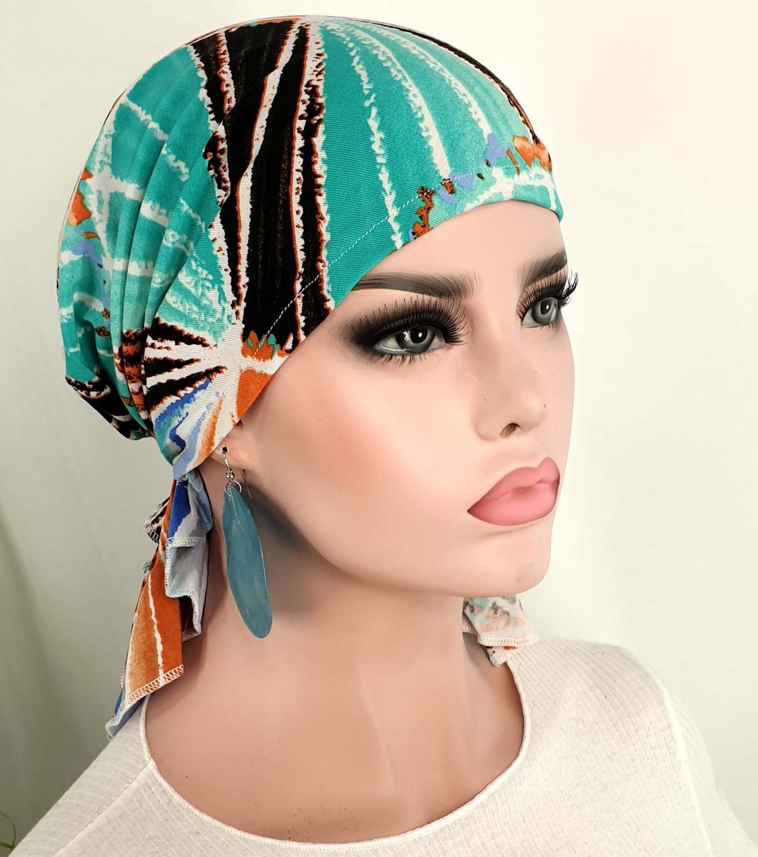 Bandana chemomuts hoofddoek voor haarverlies multi tuquoise maat one size