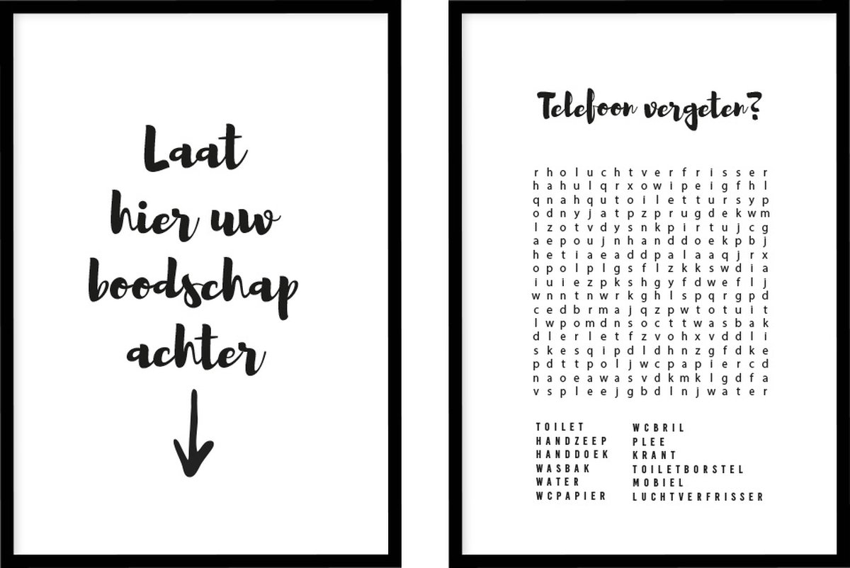Poster Boodschap en Woordzoeker - WC Posters - Inclusief lijsten - 21x30 cm - A4 - Ingelijst - WALLLL