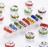 Rhinestone spacer beads, AAA-kwaliteit, zilver met multi kleur chatons, 6x3mm. Verkocht per 100 stuks !!
