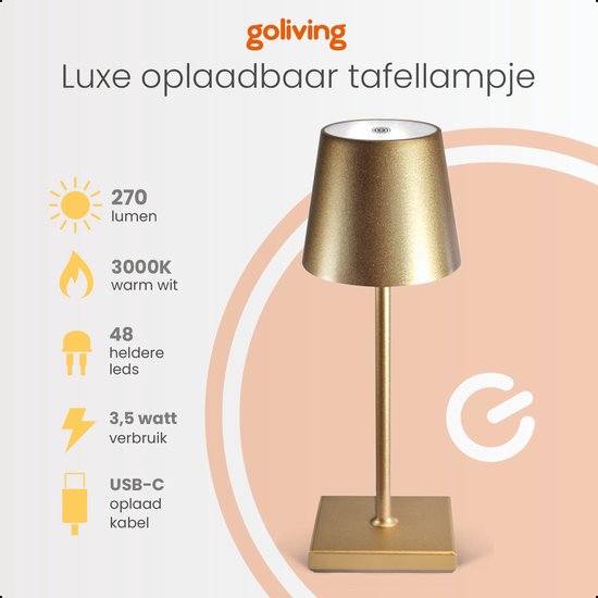 Goliving Tafellamp Oplaadbaar – Draadloos en dimbaar – Moderne touch lamp – Nachtlamp Slaapkamer – 26 cm – Goud - Goliving
