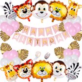 Jungle Decoratie Verjaardag Versiering pakket XL - Babydouche Safari Roze Goud - met dieren ballonnen en happy birthday slinger Meisje