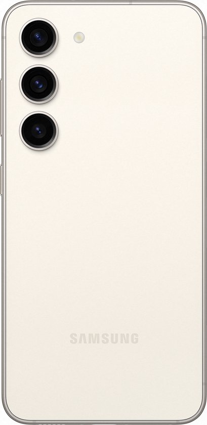 Crème Samsung Galaxy S23 met drie camera's op de achterkant.