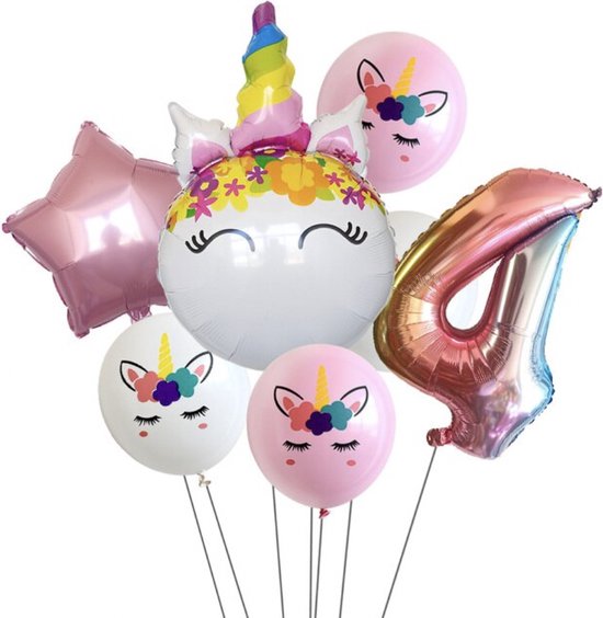 Unicorn Ballonnen Set - 4 Jaar - Kinder Verjaardag - Thema Feest Unicorn - Eenhorn Kinderfeestje - Feestversiering / Verjaardag Ballonnen - Eenhoorn / Paarden - Meisjes Versiering - Roze Ballonnen Verjaardag - Witte ballonnen - Helium