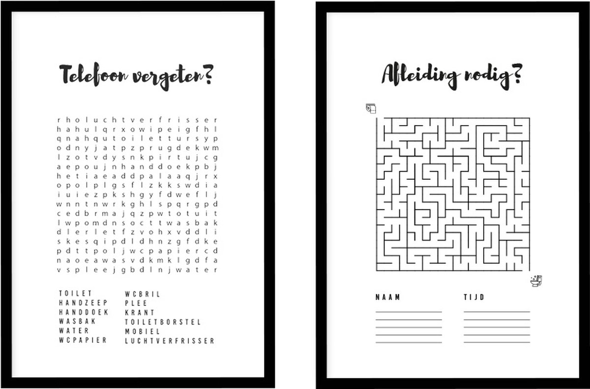 Poster Woordzoeker en Doolhof - WC Posters - Inclusief lijsten - 21x30 cm - A4 - Ingelijst - WALLLL
