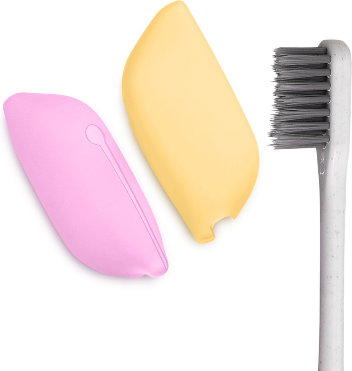 kwmobile 2x tandenborstel kapjes - Case van siliconen - Opbergdoosje voor tandenborstels in paars / geel - Reisetui