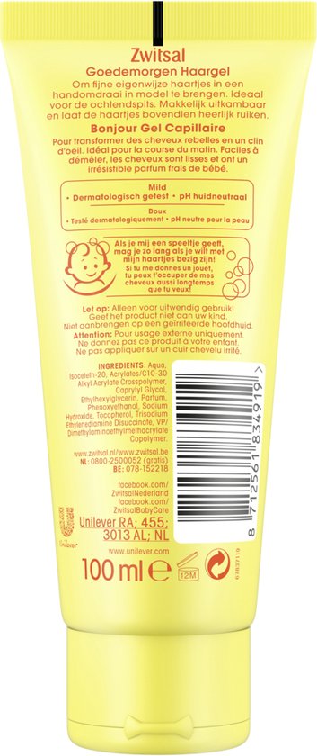 Gedetailleerde achterkant van een Zwitsal goedemorgen haargel tube met ingrediënten en logo's.
