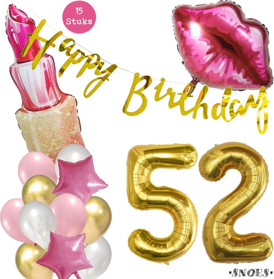 Snoes Beauty Helium Ballonnen Set 52 Jaar - Roze Folieballonnen - Slinger Happy Birthday Goud