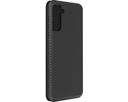 Avizar Hoesje Geschikt voor Samsung Galaxy S21 met Pasjeshouder, Polsbandje en Carbon-look, Zwart