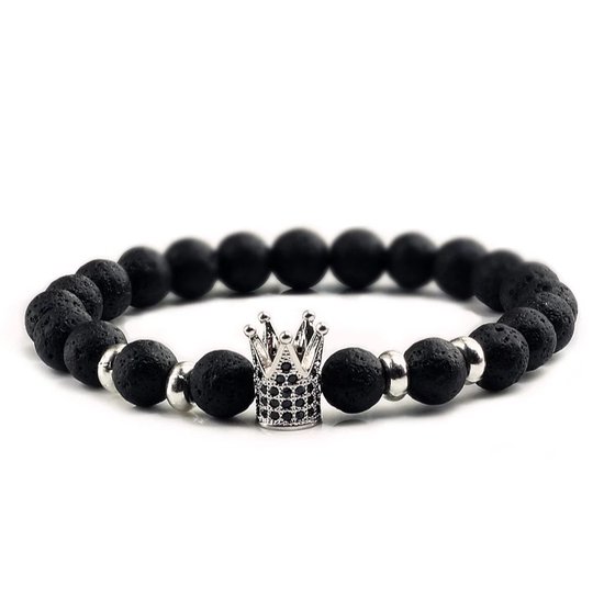Armband – kralenarmband – lava kralen 7 mm – zilveren details – handgemaakt – met zilveren kroon bedel – Boho Style – 18 cm – Feel Good Store – Zwart | Zilver