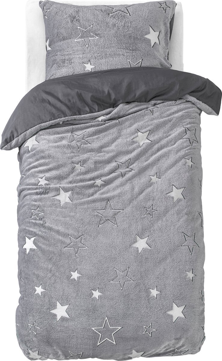 1-persoons fleece (microfleece / flanel) dekbedovertrek (dekbed hoes) grijs / lichtgrijs met allerlei witte sterren / sterretjes glow-in-the-dark eenpersoons 140 x 220 cm (warm en zacht teddy beddengoed voor kinderkamer / winter!)