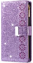 Étui de Luxe à Glitter iPhone 14 Plus avec cordon - Motif fleuri - Fermeture magnétique - Portefeuille avec fermeture éclair - Porte-cartes - Apple iPhone 14 Plus - Violet
