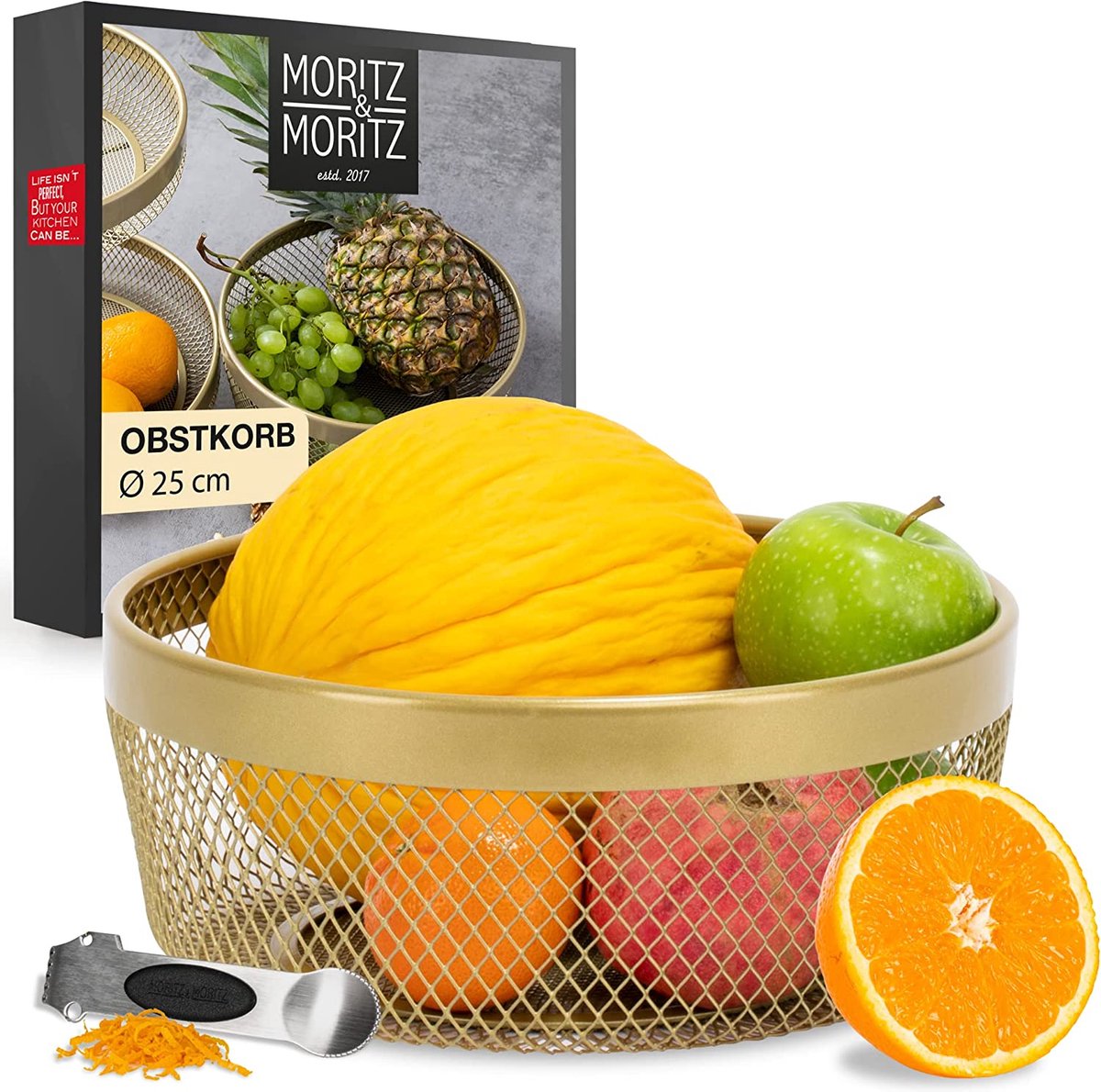 Moritz & Moritz Fruitschaal goud modern 25 cm - fruitmand goud metaal - mand voor geschenken, vruchten, groenten en brood
