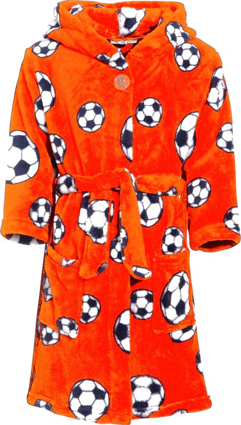 Playshoes Badjas/ochtendjas - oranje - fleece - voetbal print - voor kinderen 110/116