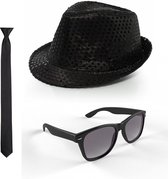 Folat - Verkleedkleding set - Glitter hoed/stropdas/party bril zwart