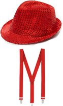 Folat - Verkleedkleding set - Glitter hoed/bretels rood volwassenen