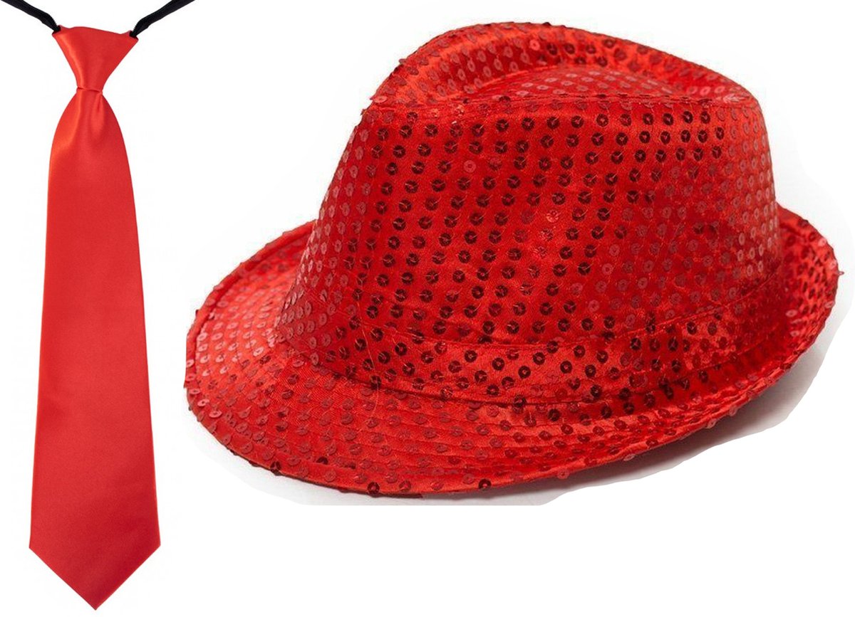 Carnaval verkleed set glitter hoed en stropdas rood -