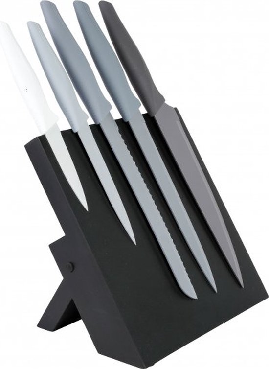 Laodikya Home - Messenblok RVS, MDF, set van 5 messen, extra scherp en duurzaam, messenblok met sterke magneet zwart
