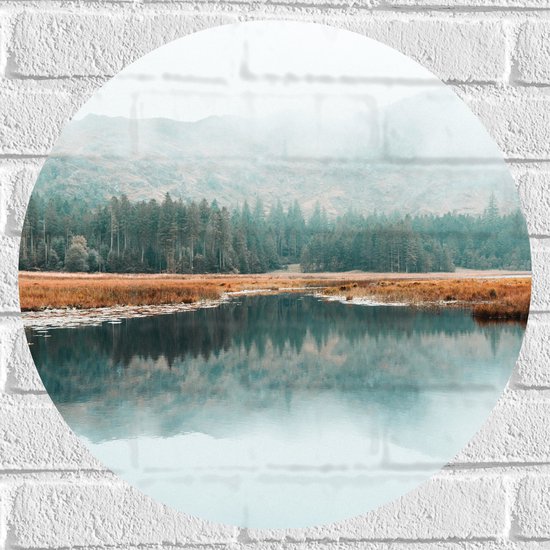 Muursticker Cirkel - Mooi Landschap aan een Meer - 50x50 cm Foto op Muursticker
