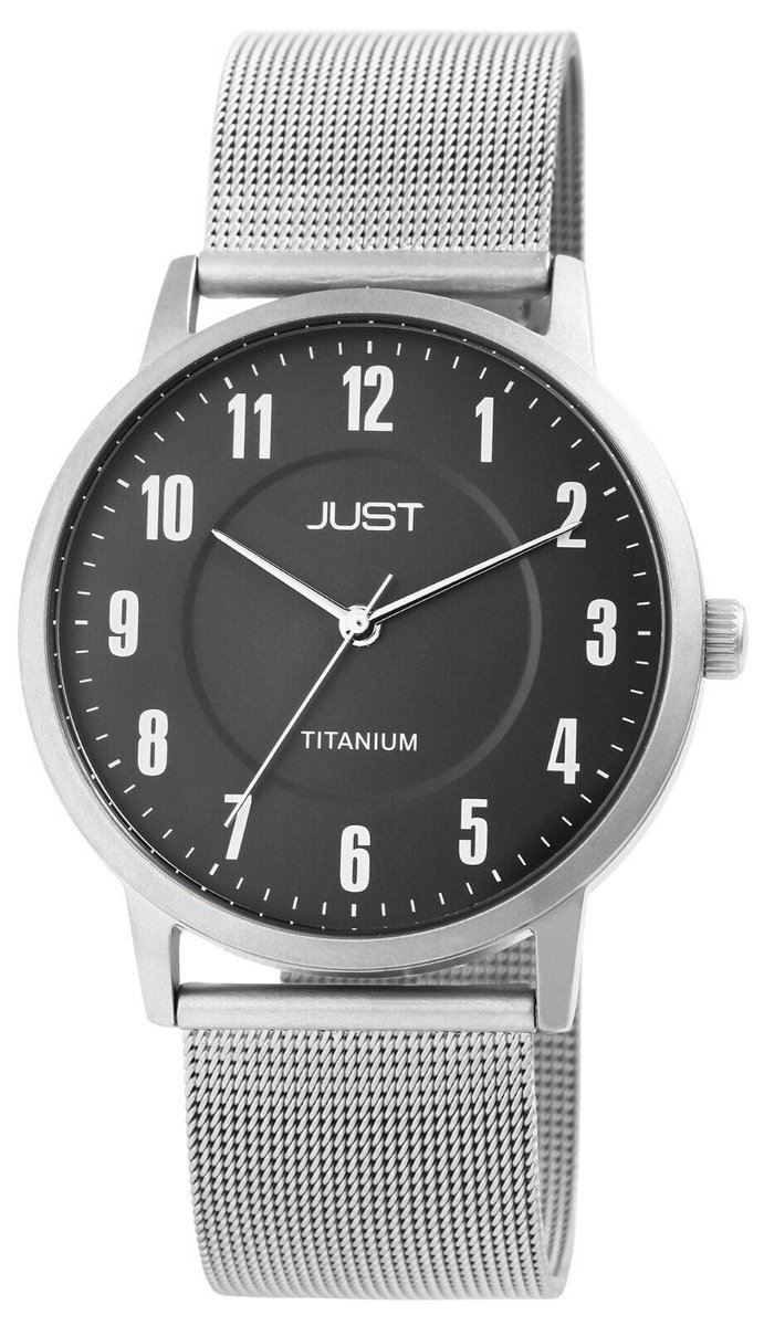 Mooi heren horloge met Zwarte wijzerplaat Volledig titanium Merk JUST.