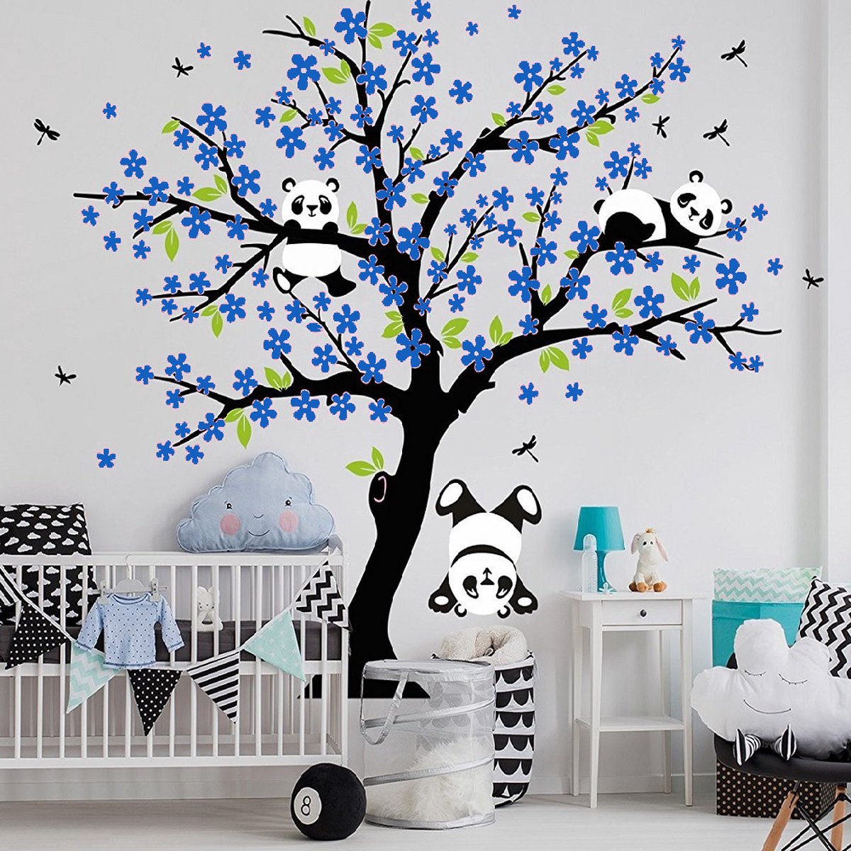 Muursticker Boom met Pandabeertjes Blauw XXL | Kinderkamer | Babykamer | Dieren | Decoratie Sticker | Kind