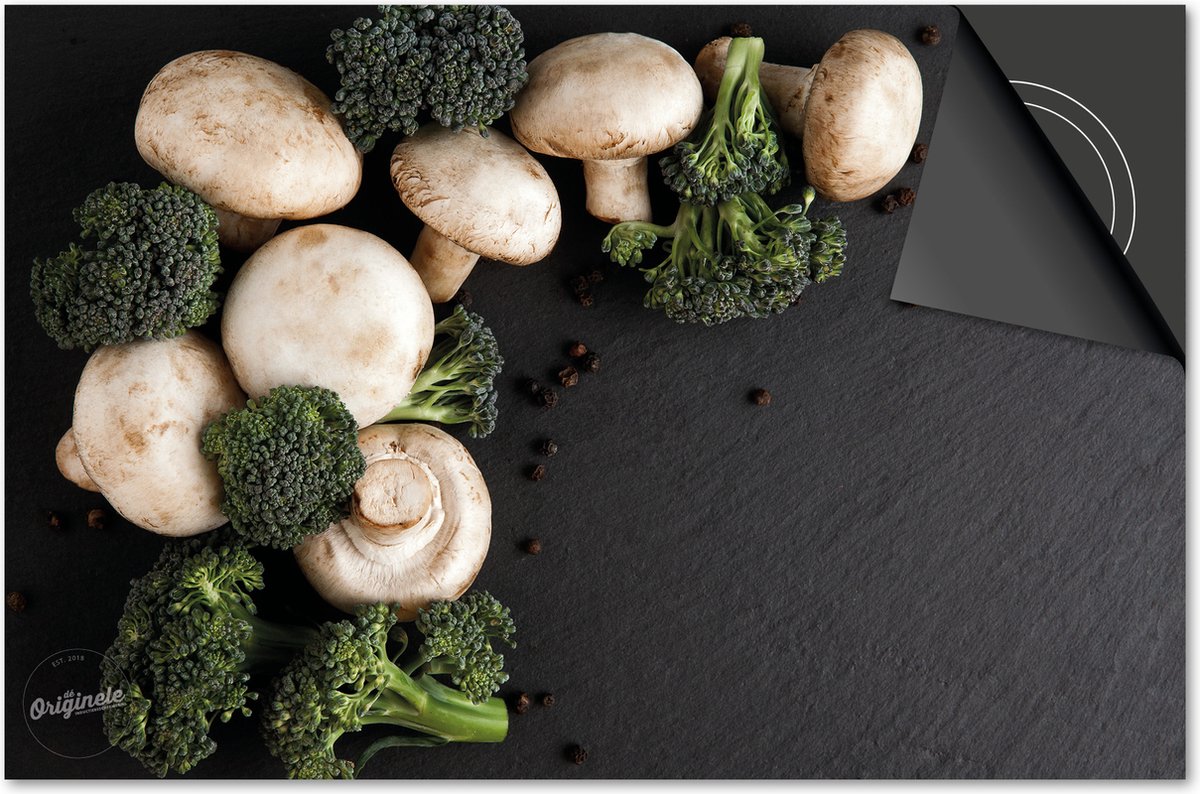 Inductie beschermer 60x52 - afdekplaat inductie mat - Dietrix Kookplaat beschermer - DELUXE - Groente en Fruit - Champignons en broccoli