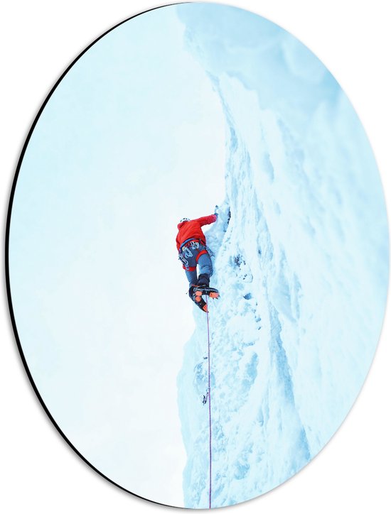 Dibond Ovaal - Man aan het Ijsklimmen - 30x40 cm Foto op Ovaal (Met Ophangsysteem)