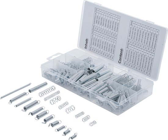 Une mallette ouverte en plastique avec un assortiment de ressorts. Des ressorts de compression et de traction sont triés dans des compartiments. Un tableau de contenu est visible sur le couvercle.