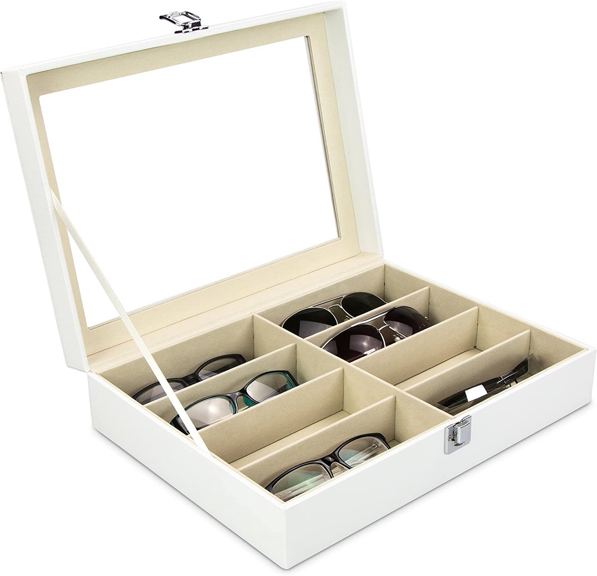 Grinscard brillenkoffer voor het opbergen van acht brillen; wit zonnebrillen-presentatie, brillendisplay