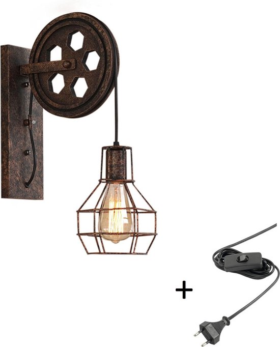 Hoexs - Industriële Wandlamp – Vintage Katrol Lamp met Stekker en Schakelaar – Voor Binnen – E27 Fitting – Metaal en Hout Design – Loft Stijl Wandverlichting