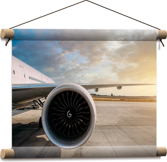 Textielposter - Motor van Wit Vliegtuig op Vliegveld - 40x30 cm Foto op Textiel