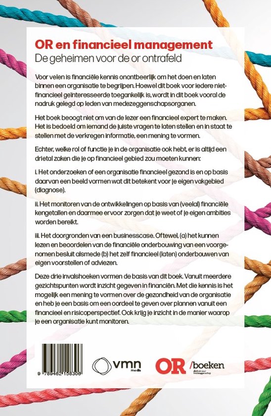 Achterkant van een boek met de titel 'OR en financieel management' en gekleurde touwen die in elkaar zijn geweven.