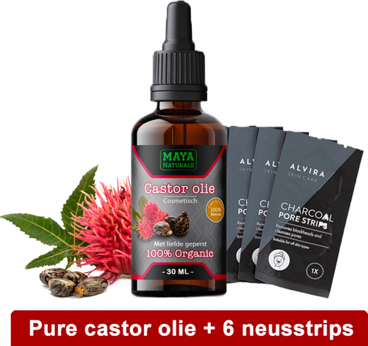 Natuurlijke Castor olie 30ml + 6 neusstrips | 100% Puur & Onbewerkt EU Bio keurmerk | Castor oil | castor olie wimpers & haar | Neusstrips meeeters |