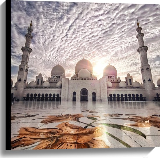 WallClassics - Canvas - Moskee in Abu Dhabi - Sjeik Zayed Moskee - 60x60 cm Foto op Canvas Schilderij (Wanddecoratie op Canvas)