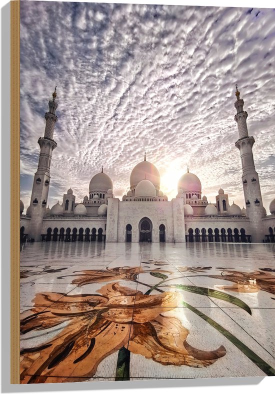 WallClassics - Hout - Moskee in Abu Dhabi - Sjeik Zayed Moskee - 50x75 cm - 9 mm dik - Foto op Hout (Met Ophangsysteem)
