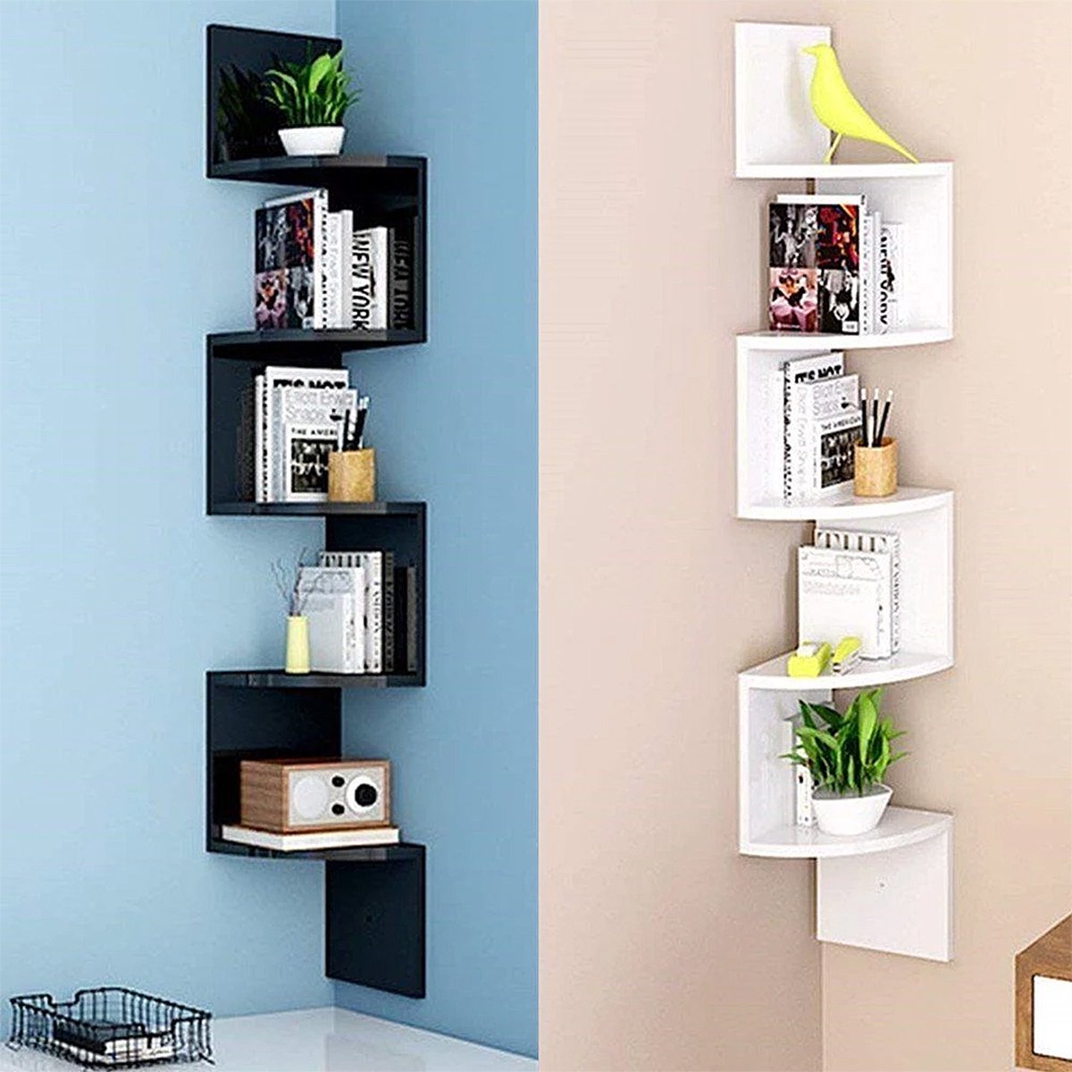 en.casa] Eckregal Afrel Bücherregal mit 5 Ebenen 160 x 54 x 54 cm offenes Regal Standregal für Wohnzimmer Büro Schlafzimmer Schwarz