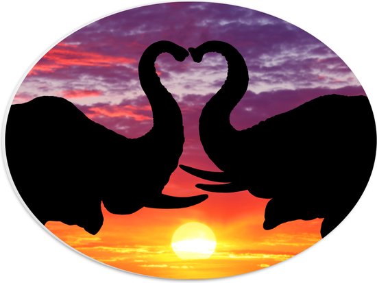 PVC Schuimplaat Ovaal - Silhouet van Koppel Olifanten met Hartvormige Slurfen - 40x30 cm Foto op Ovaal (Met Ophangsysteem)