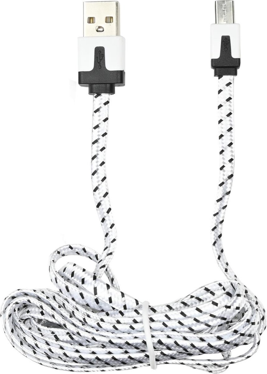 Benson USB naar Micro USB kabel - Nylon - 2 meter - Wit/Zwart - 2.1A