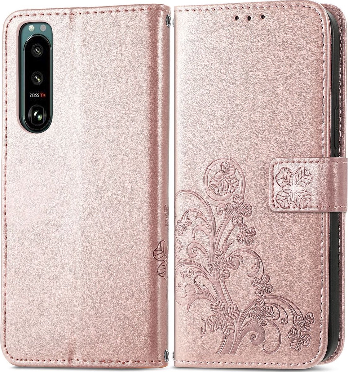 Mobigear Telefoonhoesje geschikt voor Sony Xperia 5 IV Hoesje | Mobigear clover Bookcase Portemonnee | Pasjeshouder voor 3 Pasjes | Telefoonhoesje voor Pinpas / OV Kaart / Rijbewijs - Roségoud