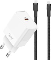 30W Power Adapter + Nylon Geschikt voor iPhone Oplader Kabel - 1 Meter - Zwarte Oplaadkabel - Witte Adapter