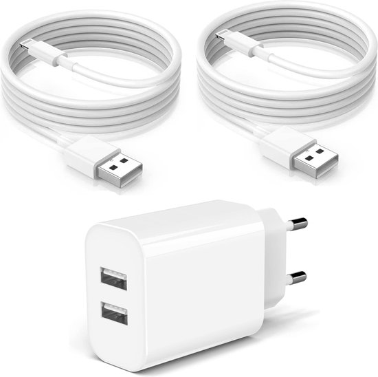Chargeur USB 2 Portes + 2x Câble de Chargeur iPhone - 2 Mètres - Convient  pour Apple