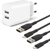Chargeur USB 2 Portes + 2x Câble de Chargeur iPhone Robuste - Chargeur Rapide - 2 Mètres