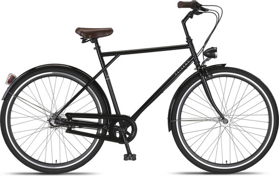 Zwarte herenfiets met bruine zadel en handvatten. De fiets heeft 28 inch wielen, een 'Palermo' logo en een koplamp.