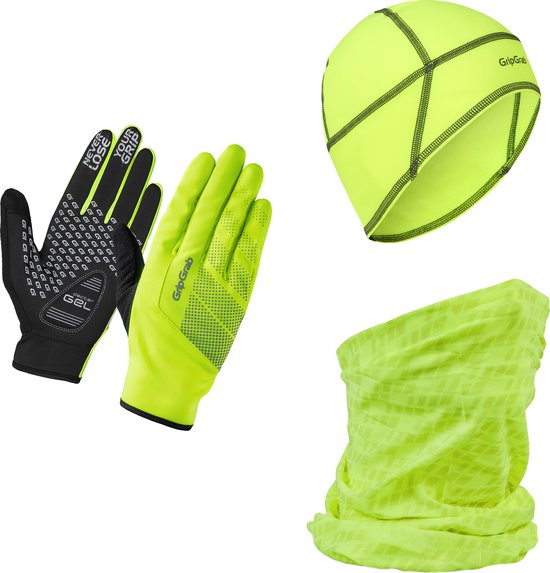 GripGrab - Hi-Vis Cycling Essentials Geschenkdoos Fietshandschoenen Helmmuts Nek Warmer - Geel Hi-Vis - Unisex - Maat XXL