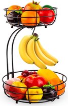 SensaHome - Fruitmand met Bananenhouder - Rond 2-Laags Zwart - Fruitschaal - Etagere - Metaal - Industrial - Modern