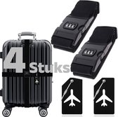 BOTC Kofferriem met Cijfer Slot - 4 stuks - 2 Kofferriem met cijferslot + 2 bagagelabels - 200 cm * 5 cm - Bagage Riem - Bagageband - Verstelbaar - Zwart