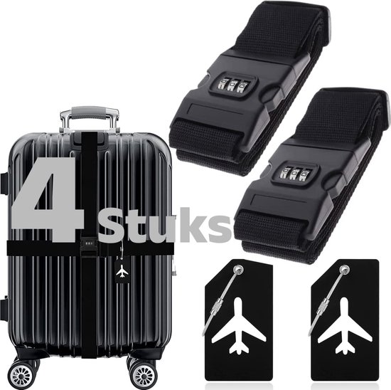 BOTC Kofferriem met Cijfer Slot - 4 stuks - 2 Kofferriem met cijferslot + 2 bagagelabels - 200 cm * 5 cm - Bagage Riem - Bagageband - Verstelbaar - Zwart