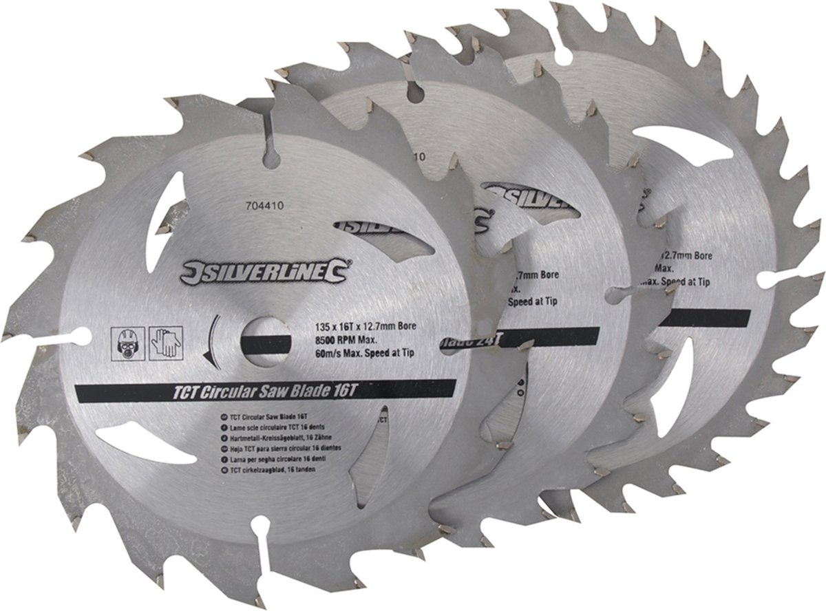 Silverline Cirkelzaagbladenset - 135 mm - 16, 24 en 30 Tanden - Inclusief Verloopringen - 3-delig