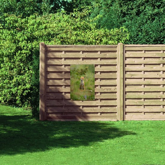 WallClassics - Poster de jardin – Klein renard léchant dans un champ vert – 60 x 90 cm Photo sur poster de jardin (décoration murale pour l'extérieur et l'intérieur)
