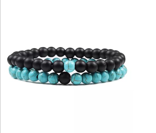 Trendy Afstand Armband | Natuursteen Koppels | Blauw/ Zwart 6mm | Cadeau