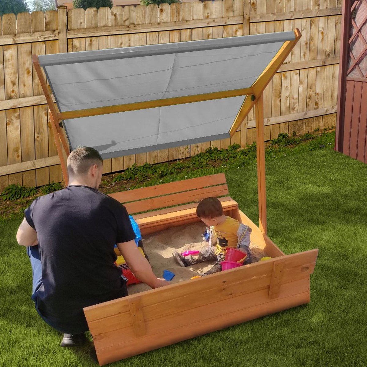 Afsluitbare XL Zandbak met Dak 140x140 cm – Gecertificeerd & Geïmpregneerd Hout | Incl. AFDEKZEIL, GRONDDOEK & Montagevideo | Voor 2-3 Kinderen | Grijs — afbeelding 6